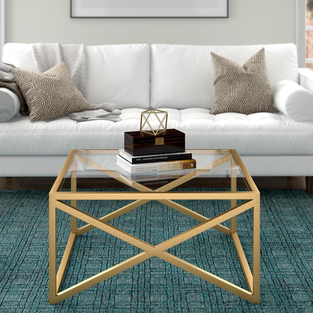 Calix 32'' Wide Square Coffee Table in Brass. Picture 2