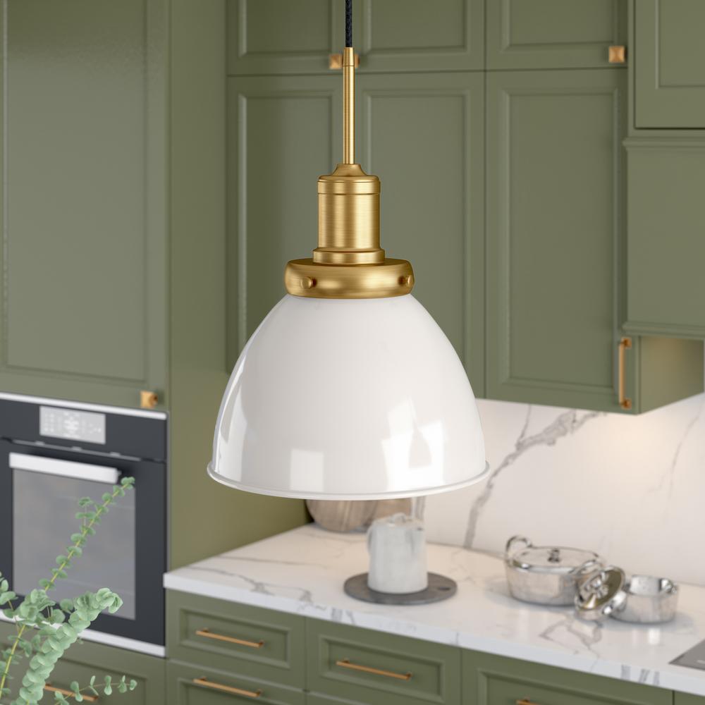Madison 12" Wide Pendant with Metal Shade in Pearled White/Brass/Pearled White. Picture 2