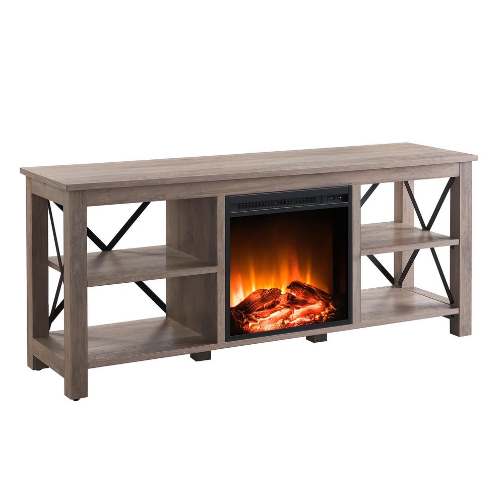 Sawyer Rectangular TV Stand with Log Fireplace for TV's up to 65" in Gray Oak. Picture 1