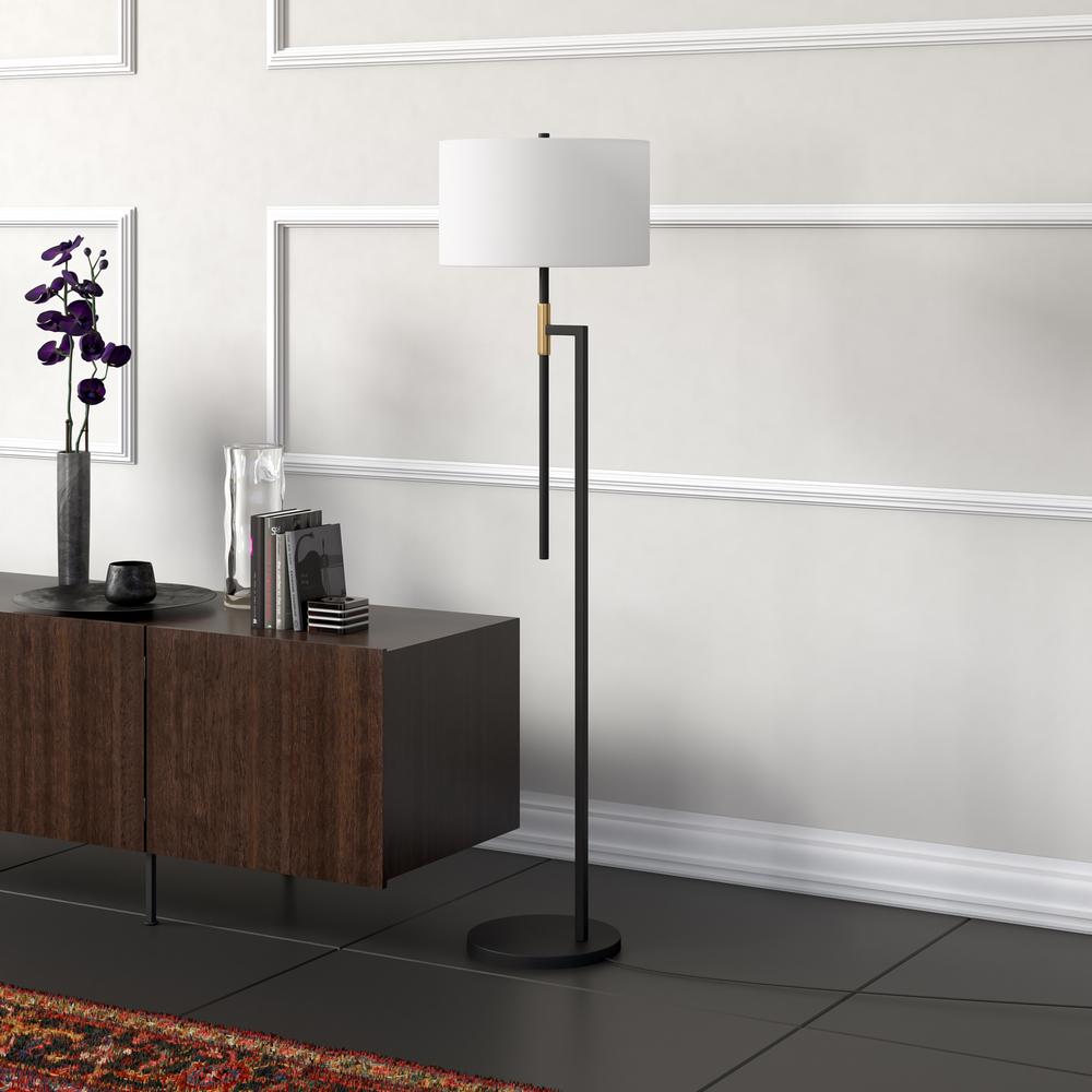 Nico 63" Tall Floor Lamp with Fabric Shade in Matte Black/Brass/White. Picture 2