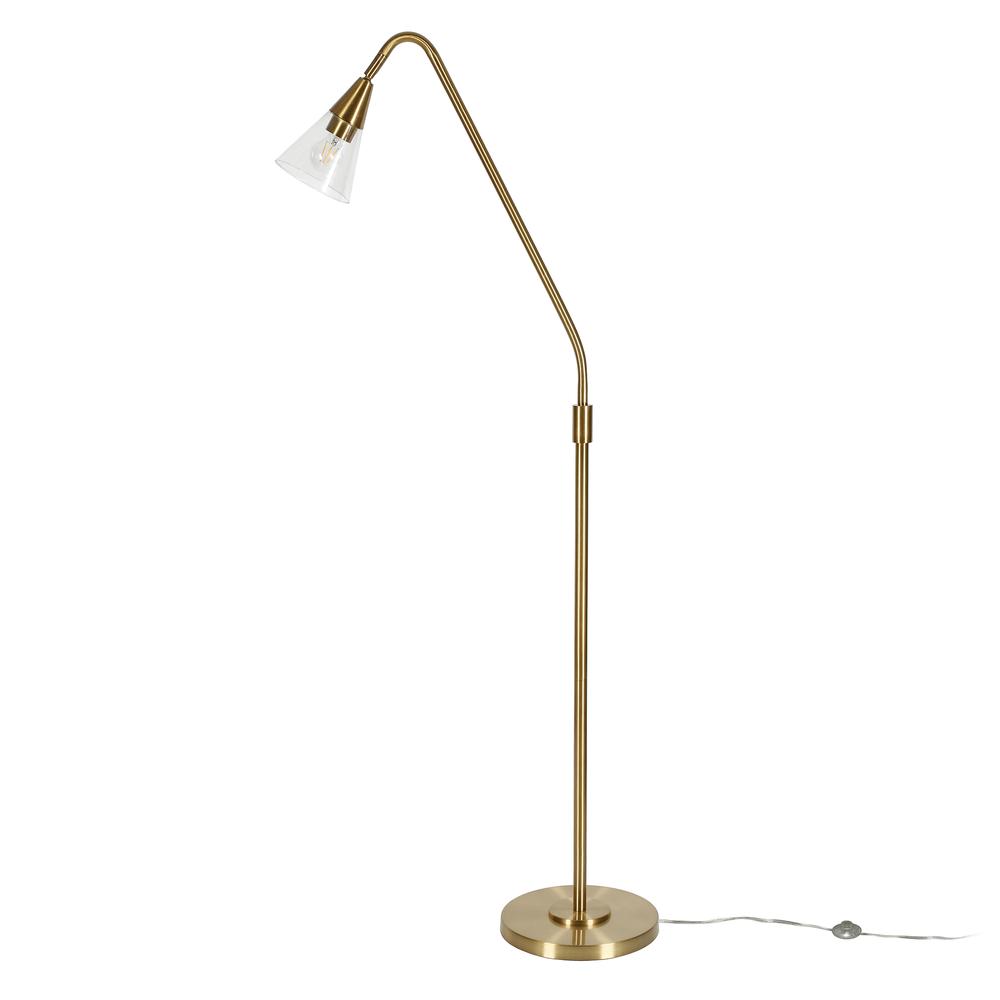 Challice Arc Floor Lamp with Glass Shade in Brass/Clear. Picture 3