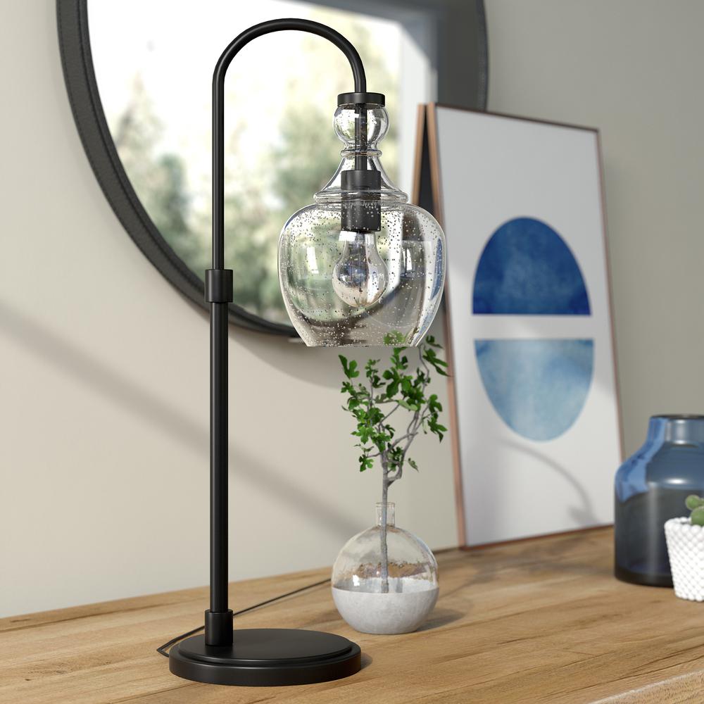 Verona 27" Tall Arc Table Lamp with Glass Shade in Blackened Bronze/Seeded. Picture 2