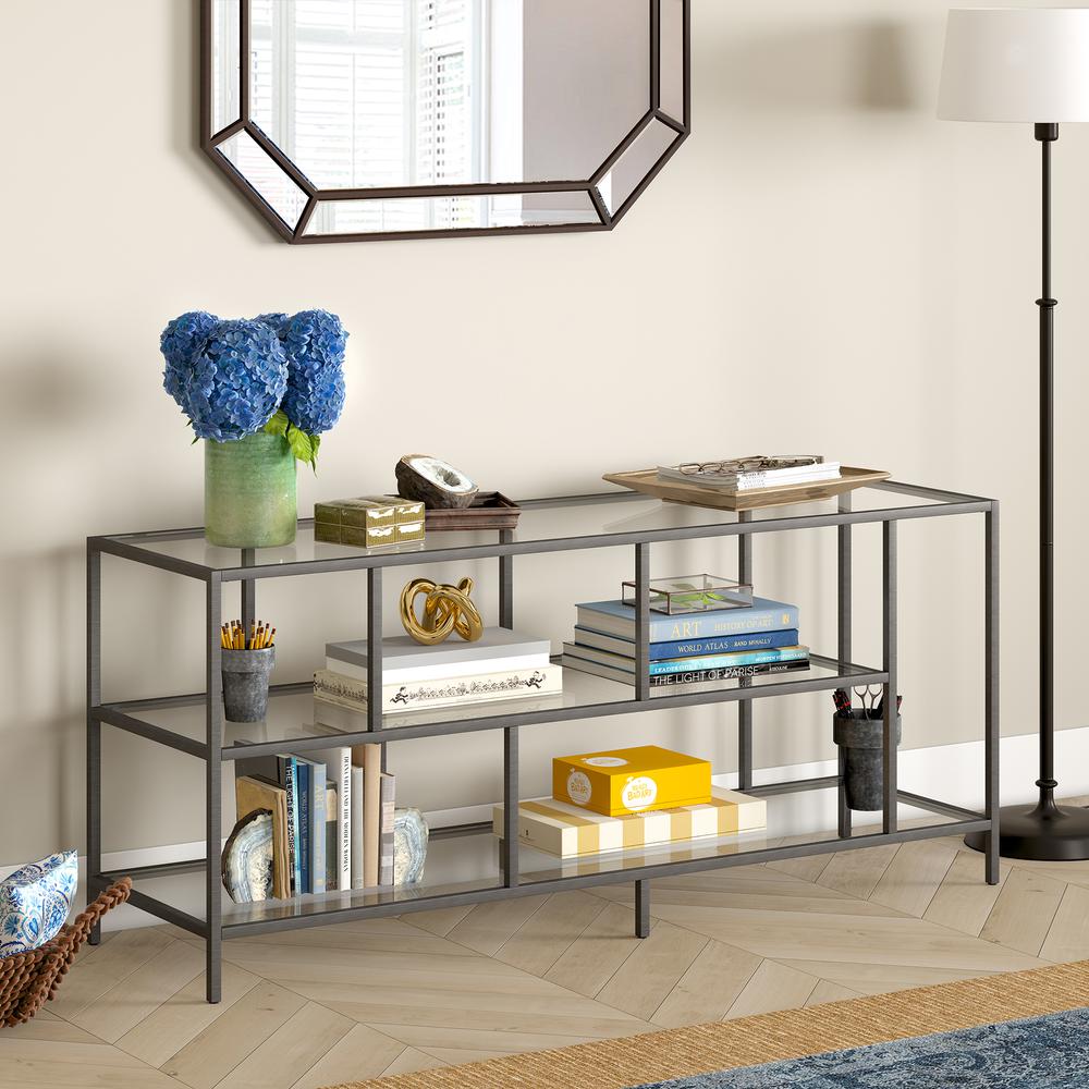 Winthrop Rectangular TV Stand with Glass Shelves for TV's up to 60" in Aged Steel. Picture 2