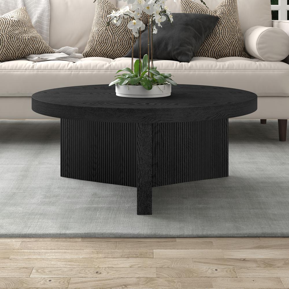Holm 36" Wide Round Coffee Table in Black Grain. Picture 3