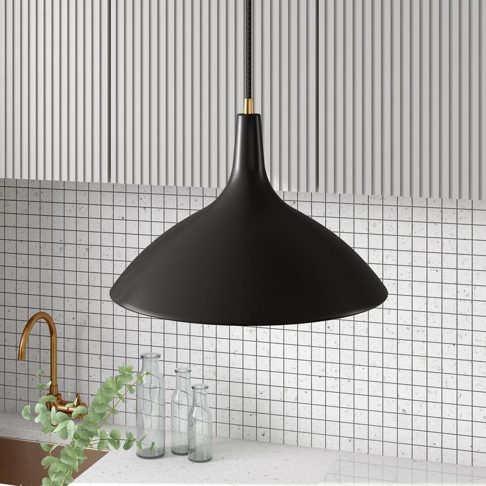 Barton 14" Wide Pendant with Metal Shade in Matte Black/Brass/Matte Black. Picture 2