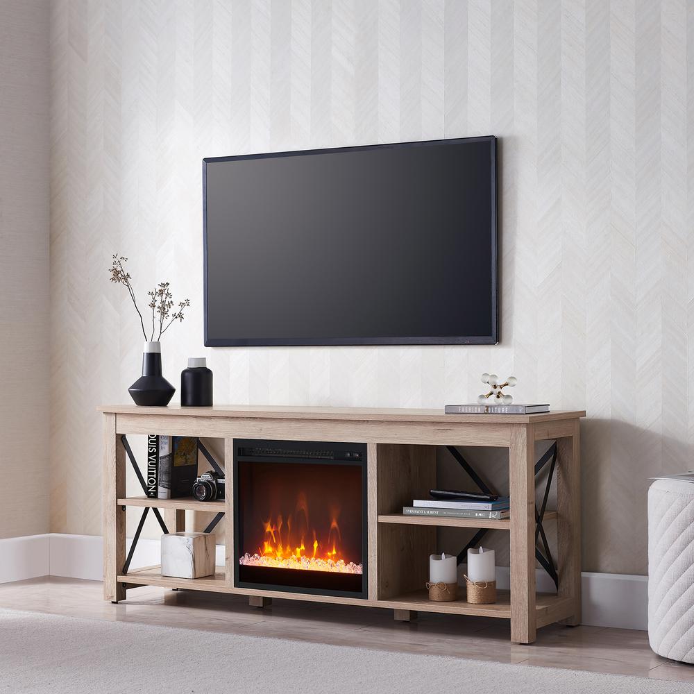 Sawyer Rectangular TV Stand with Crystal Fireplace for TV's up to 65" in White Oak. Picture 2