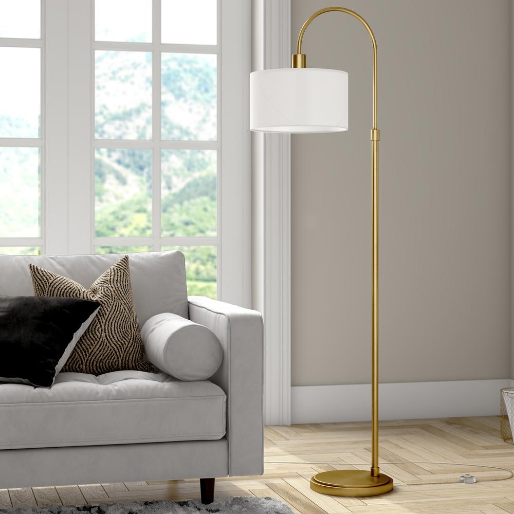 Veronica Arc Floor Lamp with Fabric Shade in Brass/White. Picture 2