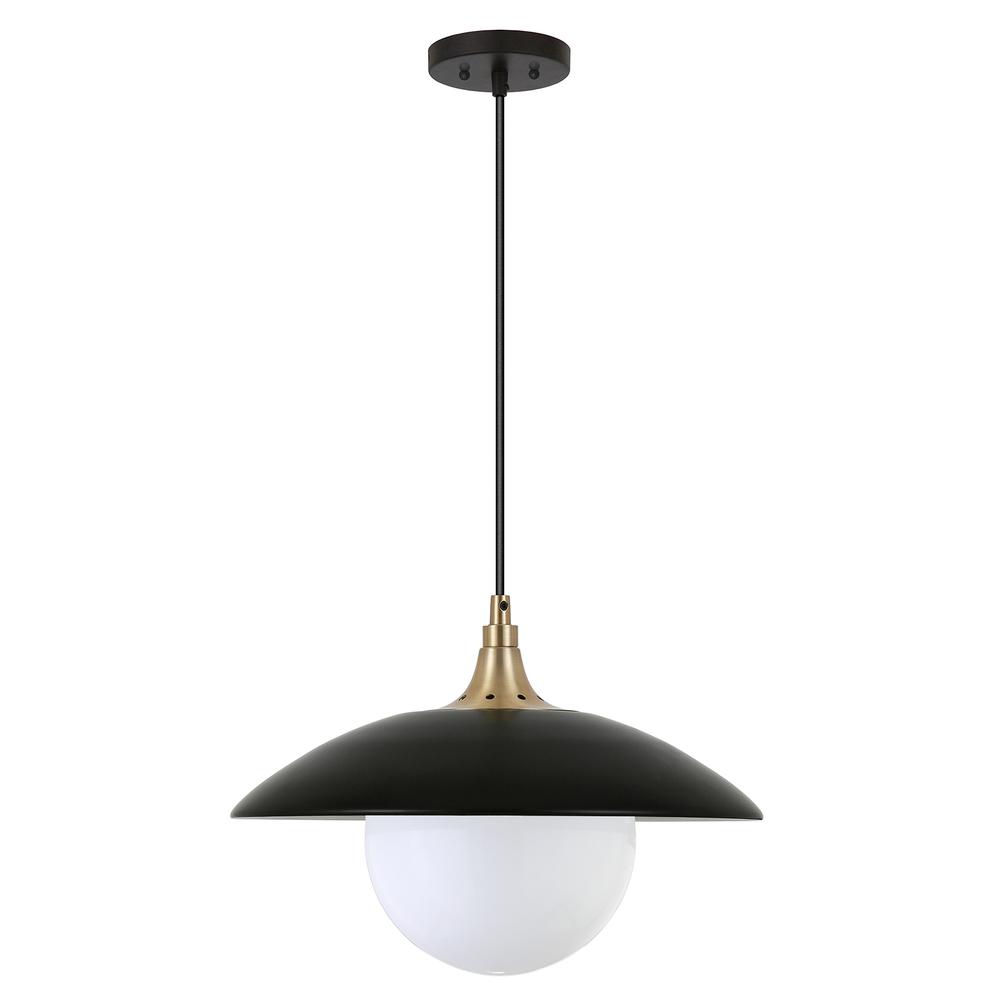 Alvia 14.5" Wide Pendant with Metal/Glass Shade in Matte Black/Brass/White. Picture 1