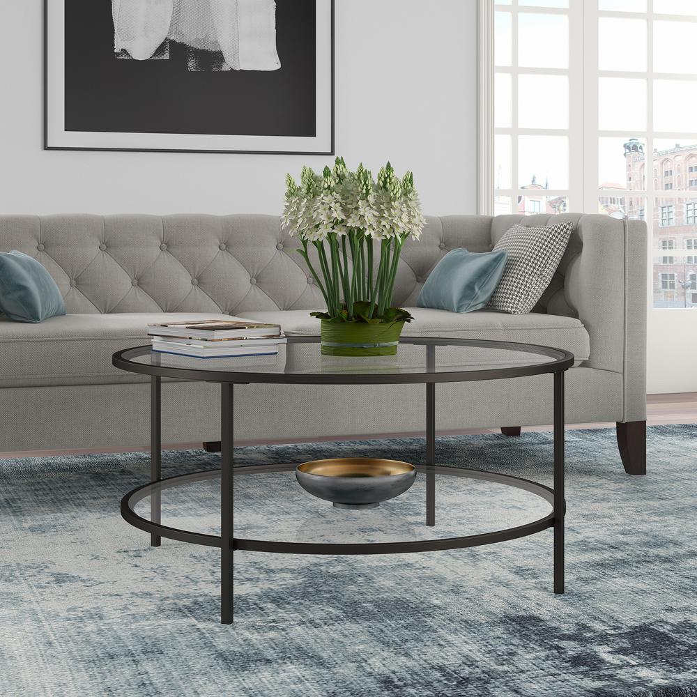 Sivil 36'' Wide Round Coffee Table with Glass Top in Blackened Bronze. Picture 2