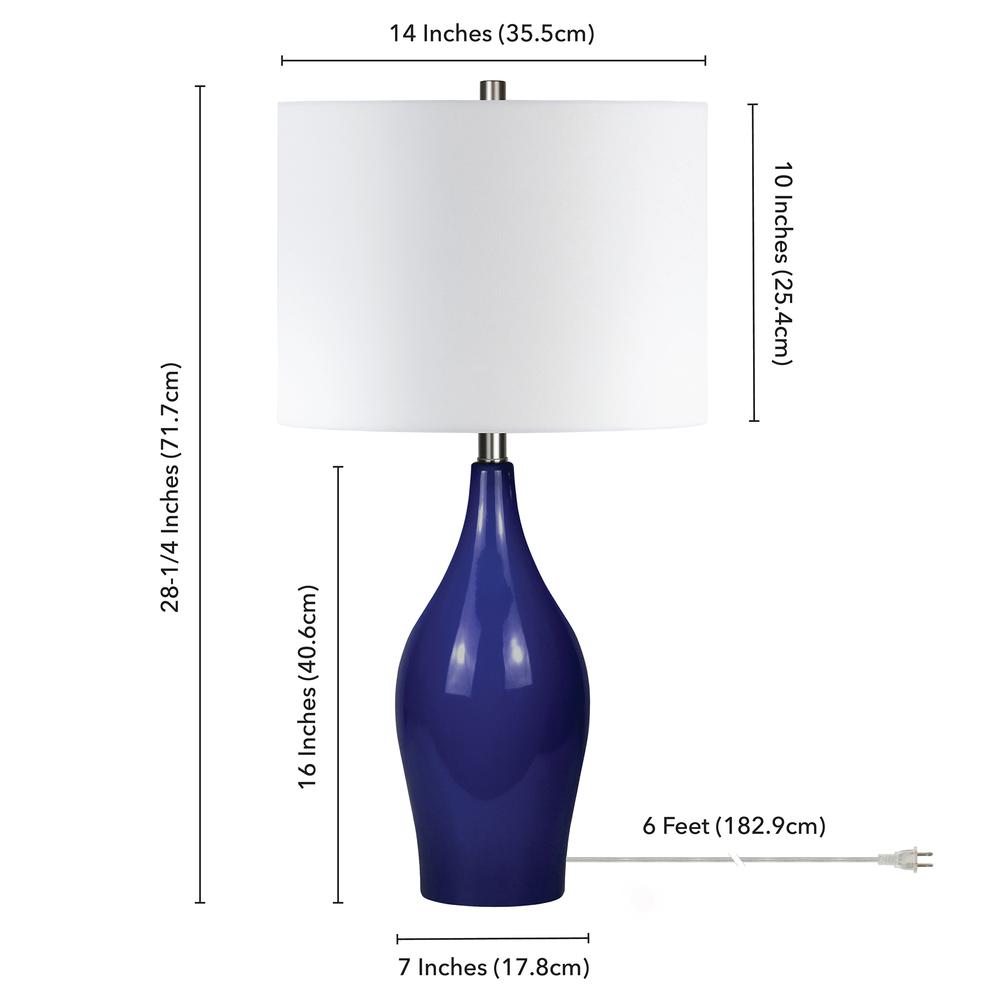 Bella 28.25" Tall Porcelain Table Lamp with Fabric Shade in Navy Blue/White. Picture 5