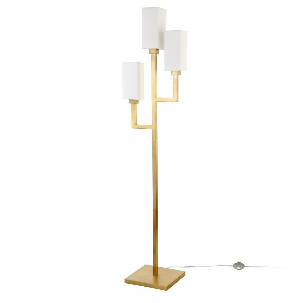Basso 3-Light Torchiere Floor Lamp with Fabric Shade in Brass/White. Picture 3