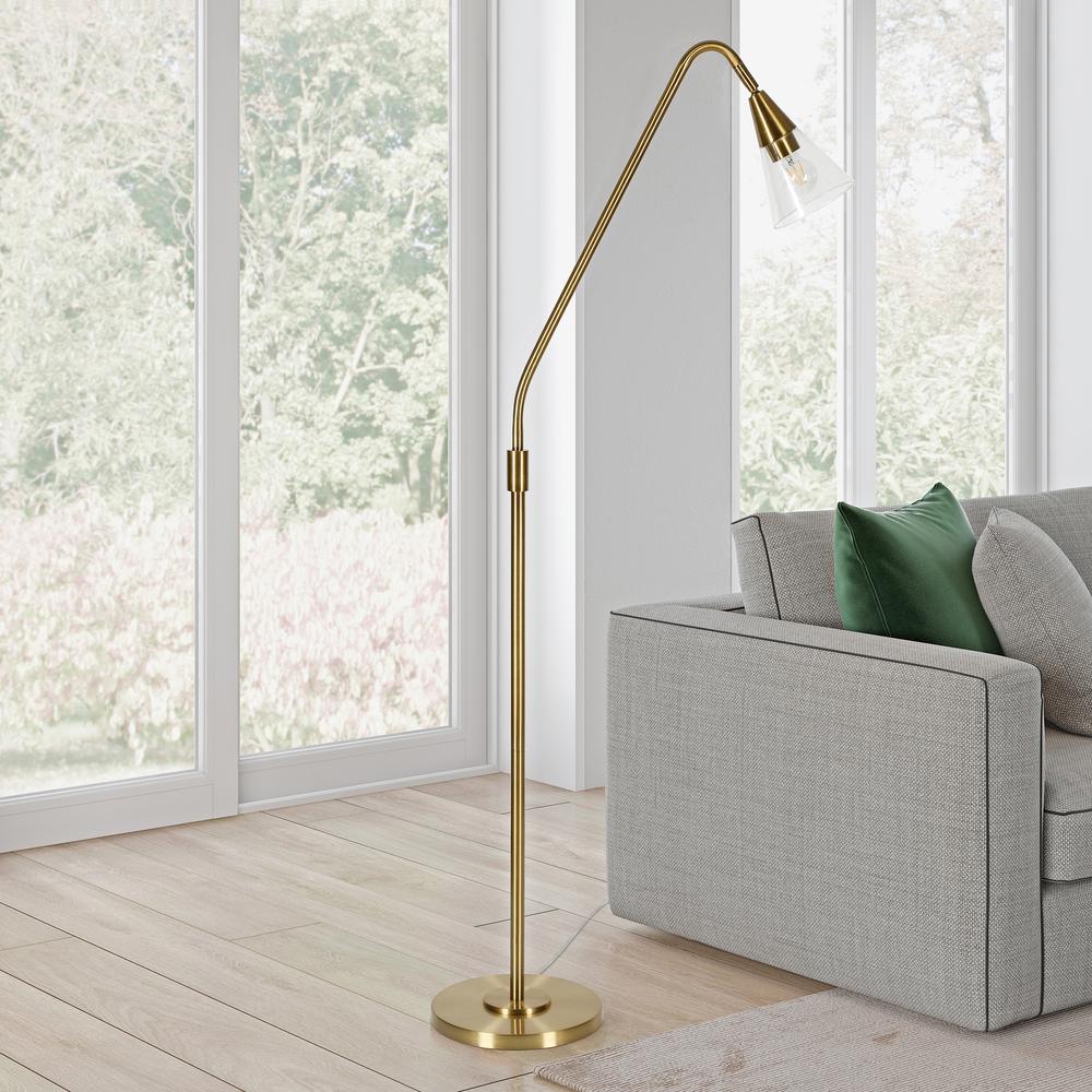 Challice Arc Floor Lamp with Glass Shade in Brass/Clear. Picture 2