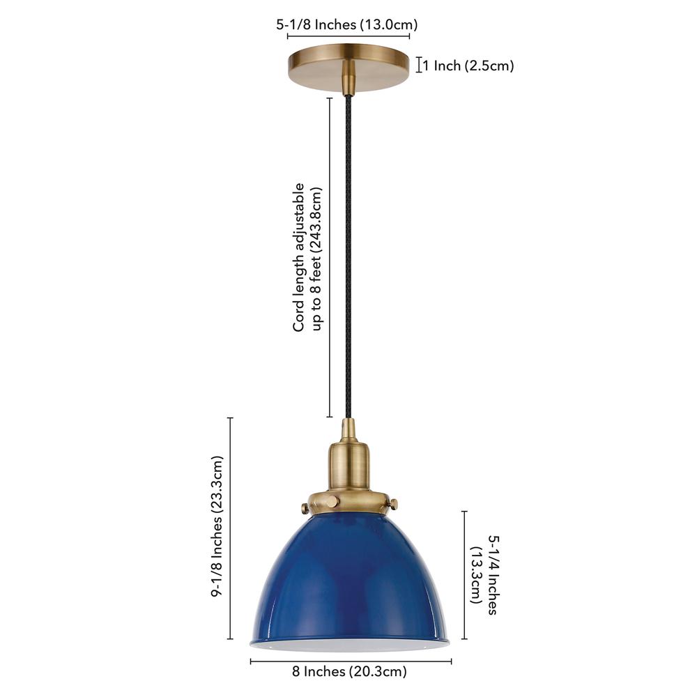 Madison 8" Wide Pendant with Metal Shade in Blue/Brass/Blue. Picture 5