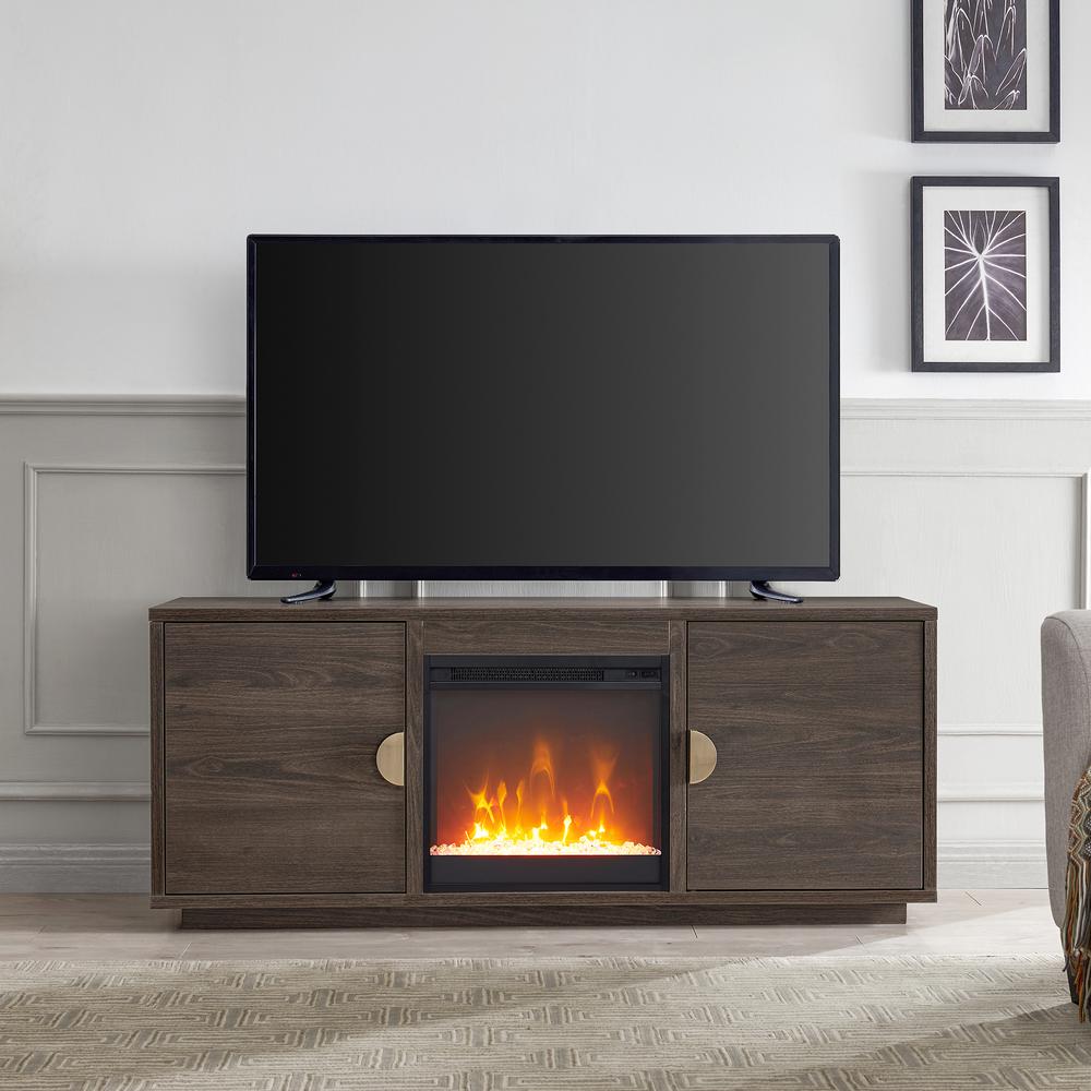 Dakota Rectangular TV Stand with Crystal Fireplace for TV's up to 65" in Alder Brown. Picture 4