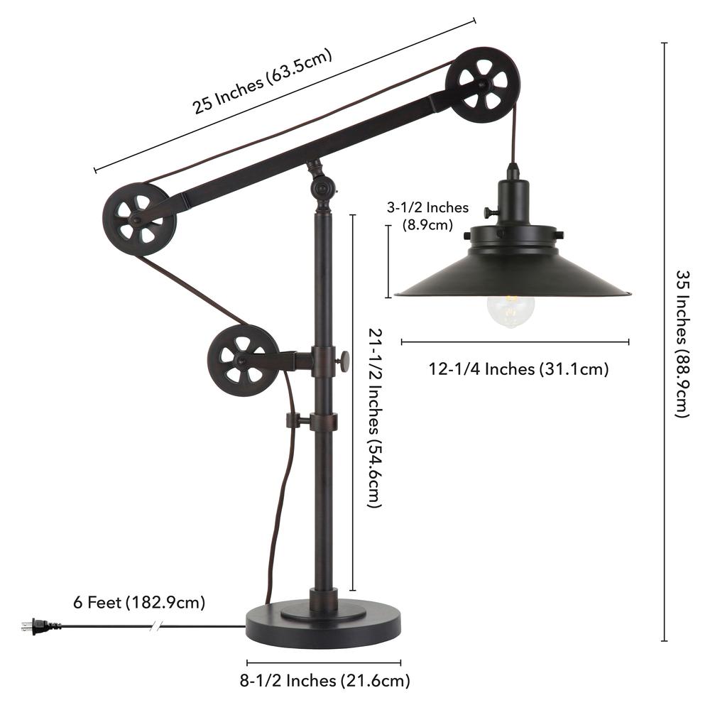 Descartes 29" Tall Wide Brim/Pulley System Table Lamp with Metal Shade in Blackened Bronze/Blackened Bronze. Picture 4