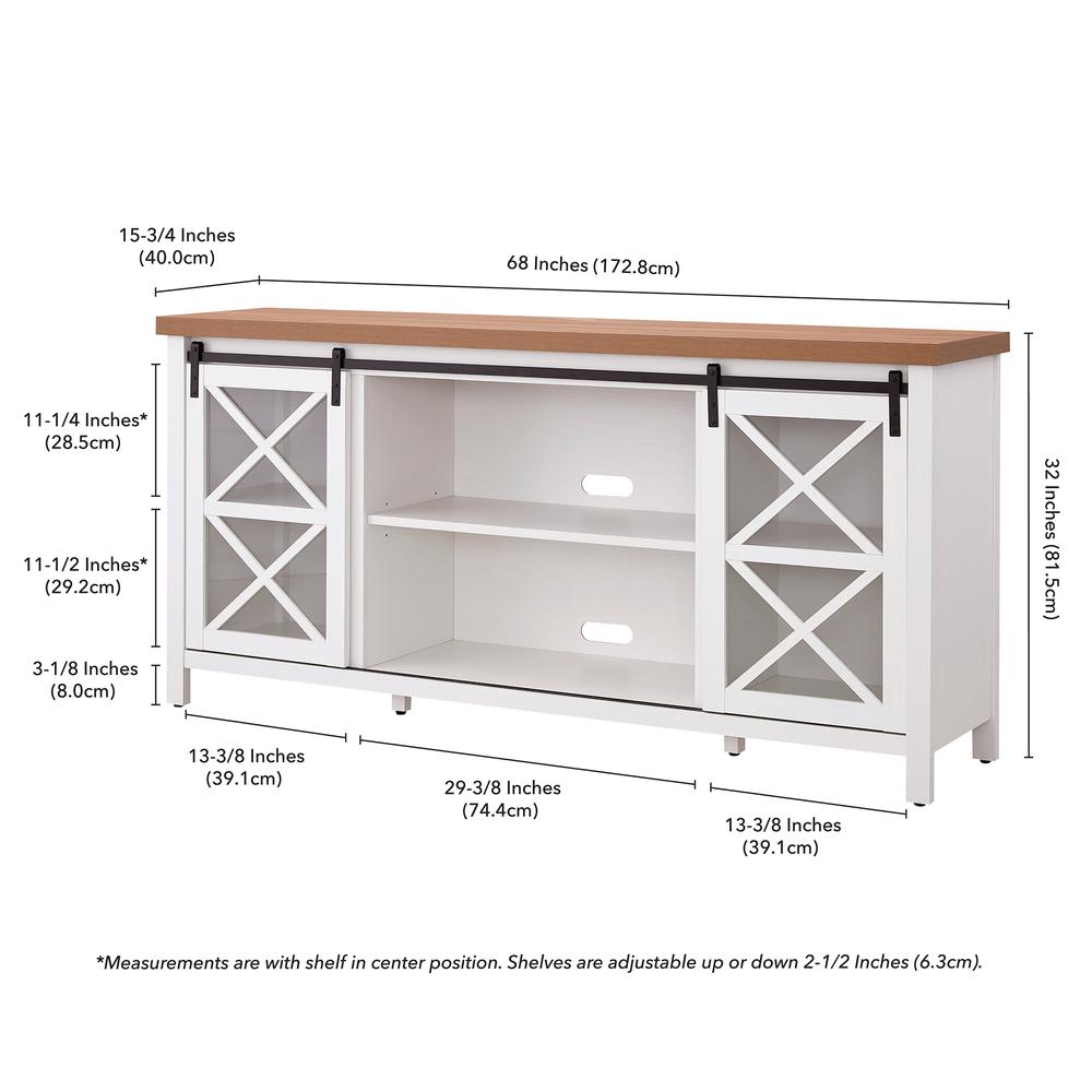 Clementine Rectangular TV Stand for TV's up to 80" in White/Golden Oak. Picture 5