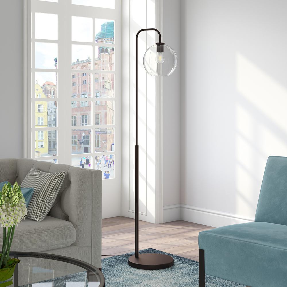 Harrison Arc Floor Lamp with Glass Shade in Blackened Bronze/Clear. Picture 2