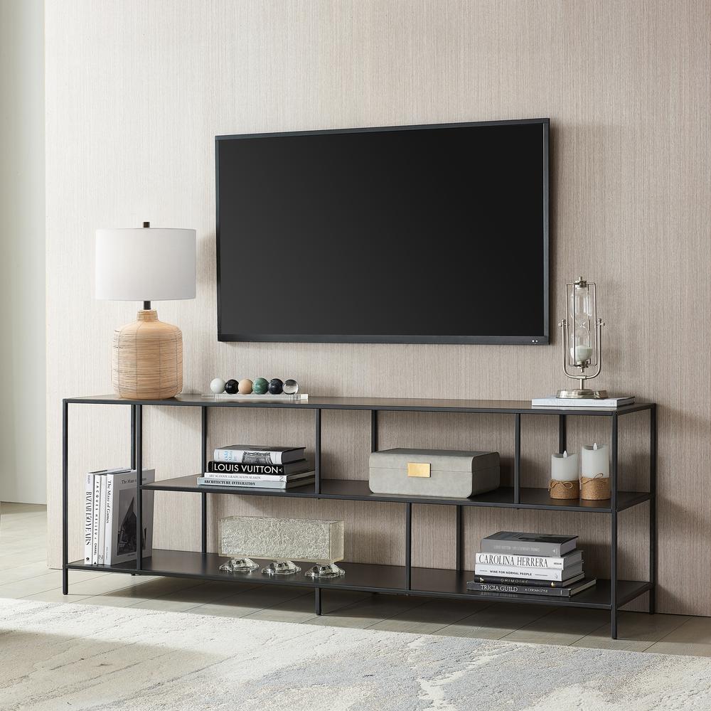 Winthrop Rectangular TV Stand with Metal Shelves for TV's up to 80" in Blackened Bronze. Picture 2