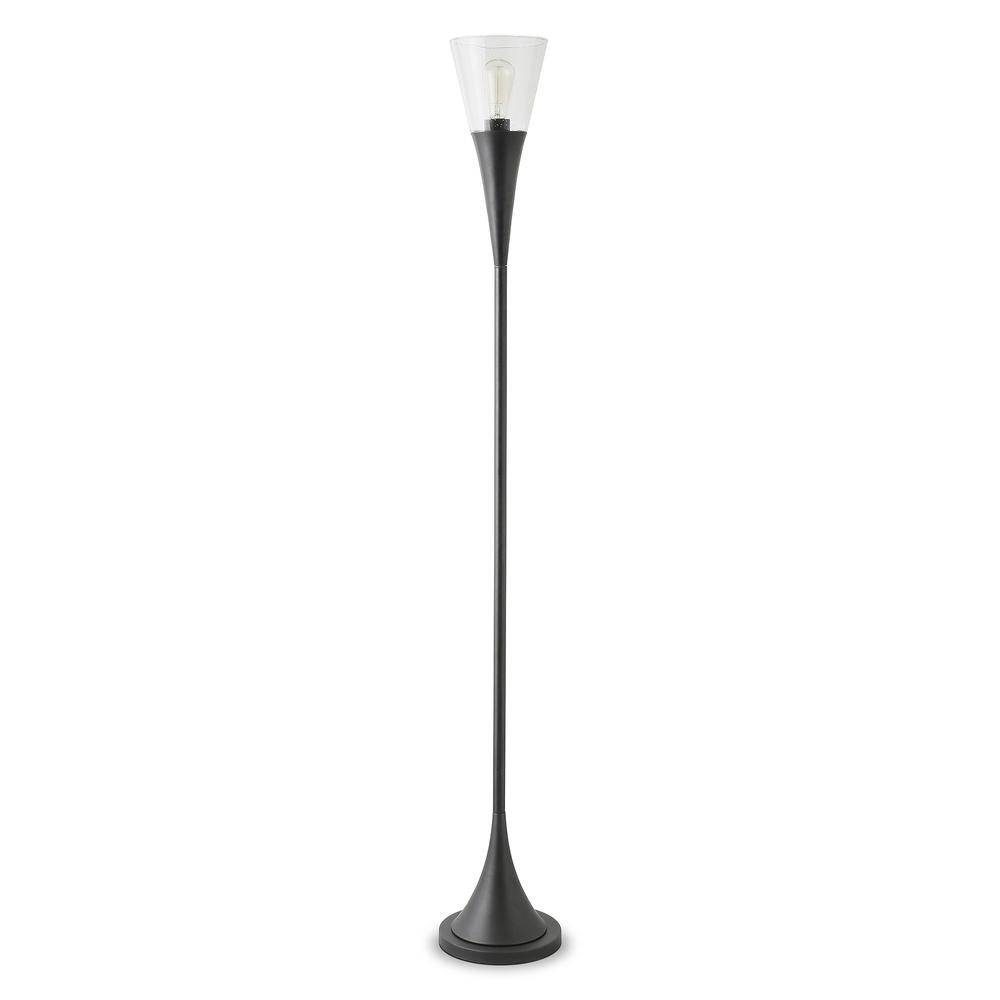Moura Torchiere Floor Lamp with Glass Shade in Blackened Bronze/Seeded. Picture 1