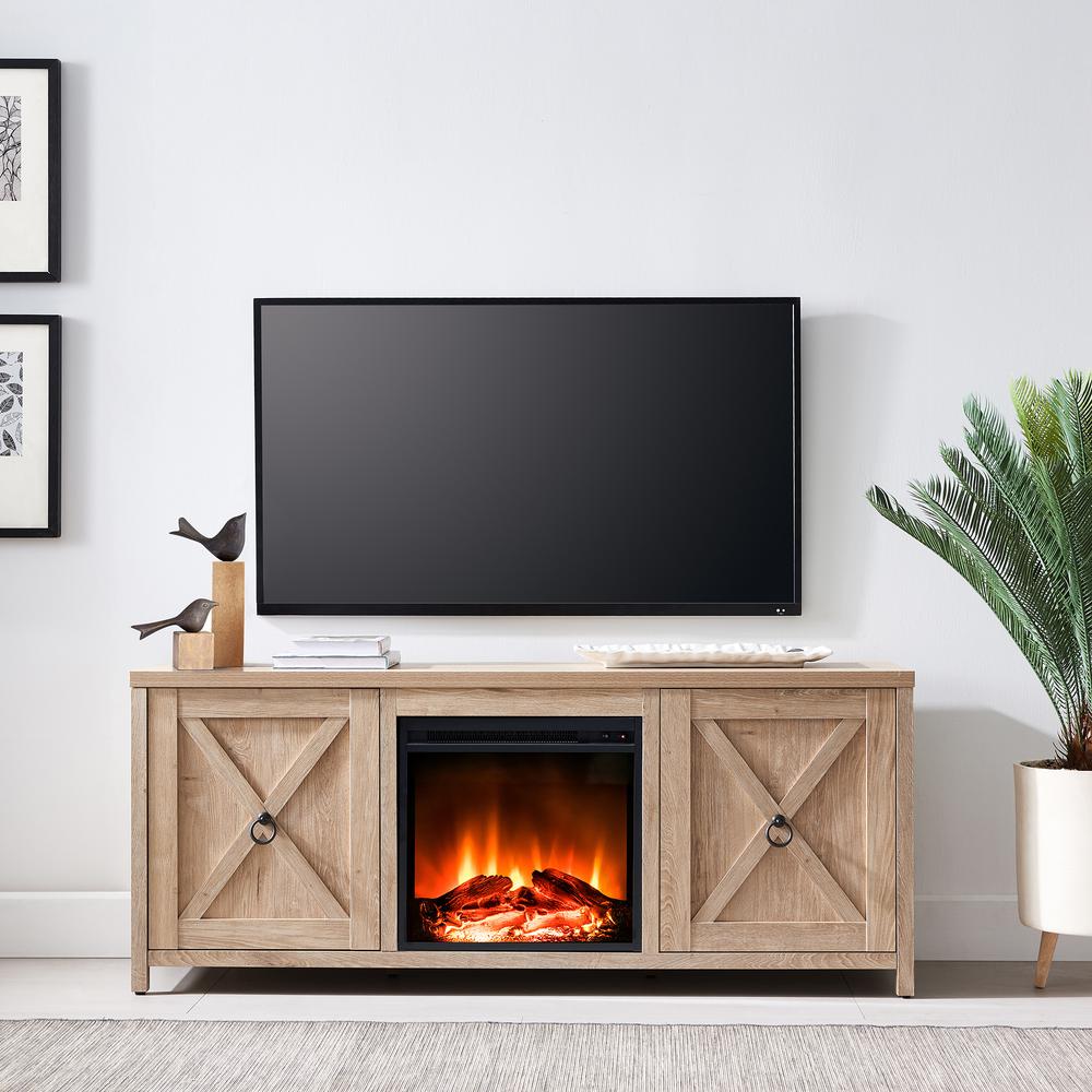 Granger Rectangular TV Stand with Log Fireplace for TV's up to 65" in White Oak. Picture 4