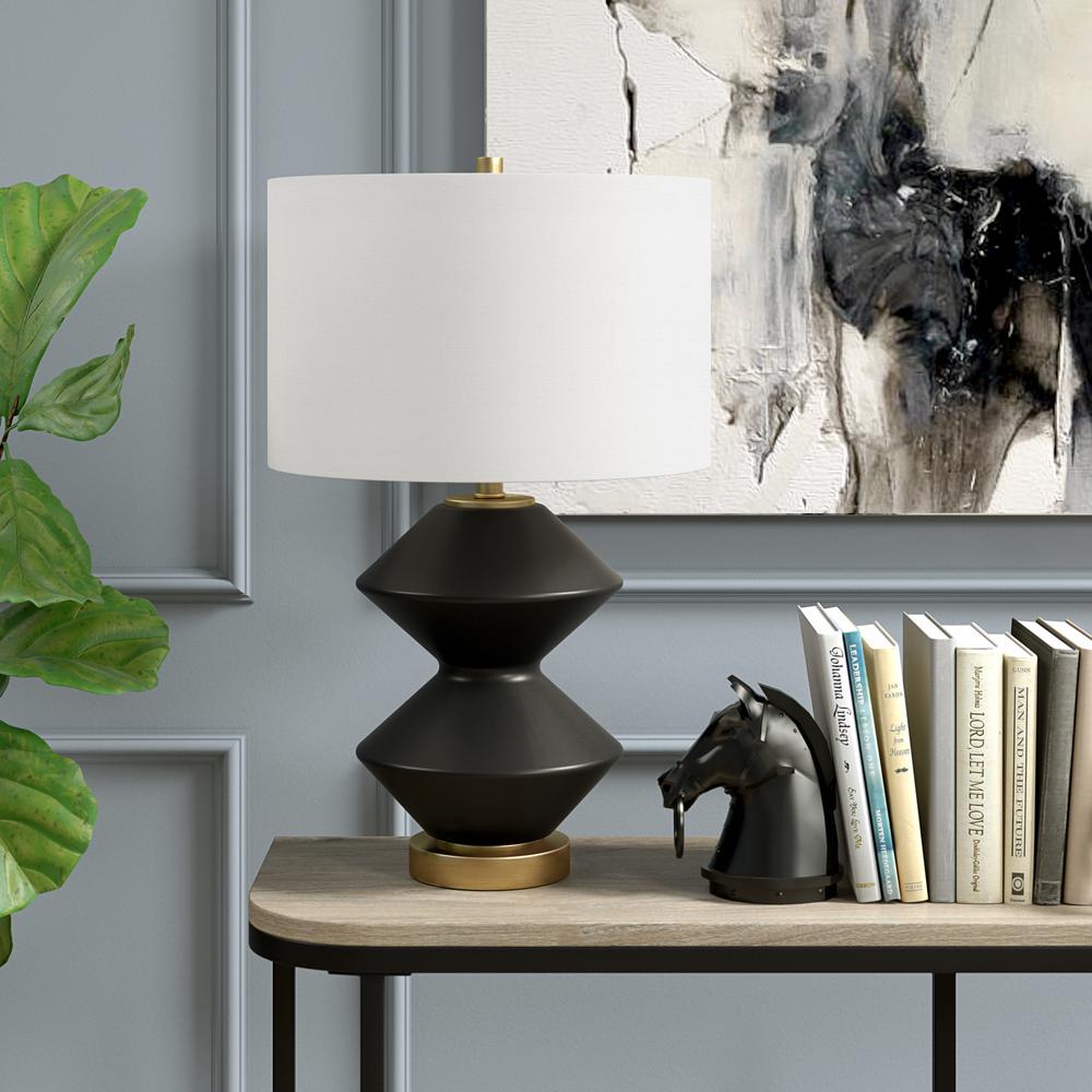 Caserta 22.75" Tall Double Gourd Lamp with Fabric Shade in Matte Black/Brass/White. Picture 2