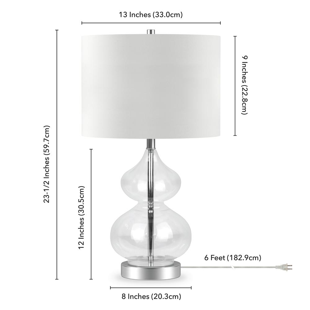 Katrin 23.5" Tall Table Lamp with Fabric Shade in Clear Glass/Satin Nickel/White. Picture 4