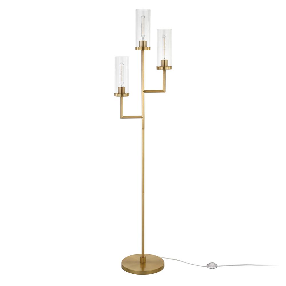 Basso 3-Light Torchiere Floor Lamp with Glass Shade in Brass/Clear. Picture 3