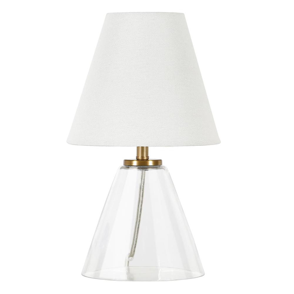 Makenna 13.62" Tall Mini Lamp with Fabric Shade in Clear Glass/White. Picture 1
