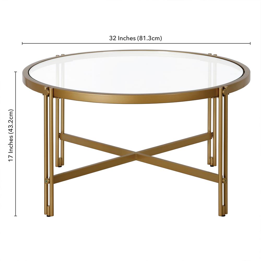 Inez 32" Wide Round Coffee Table in Brass. Picture 5