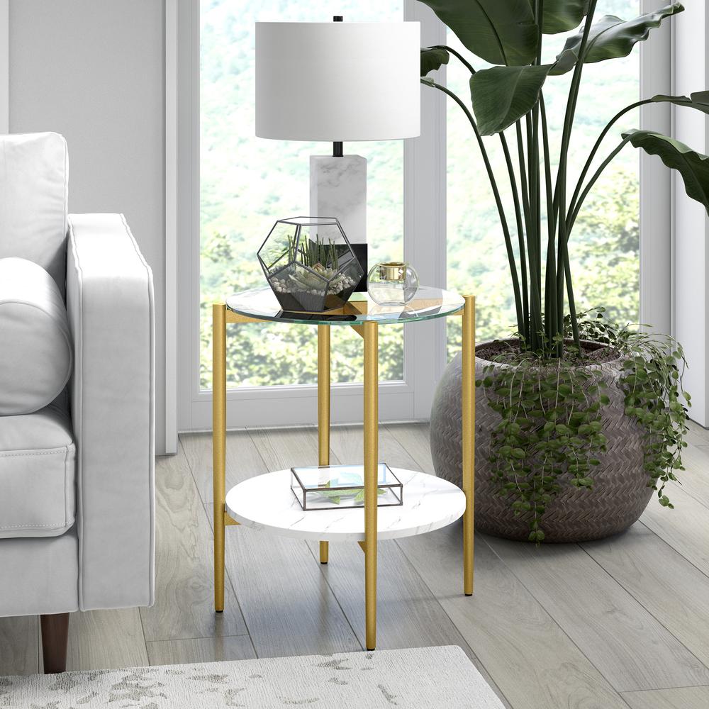 Otto 20'' Wide Round Side Table with Faux Marble Shelf in Gold and Faux Marble. Picture 2