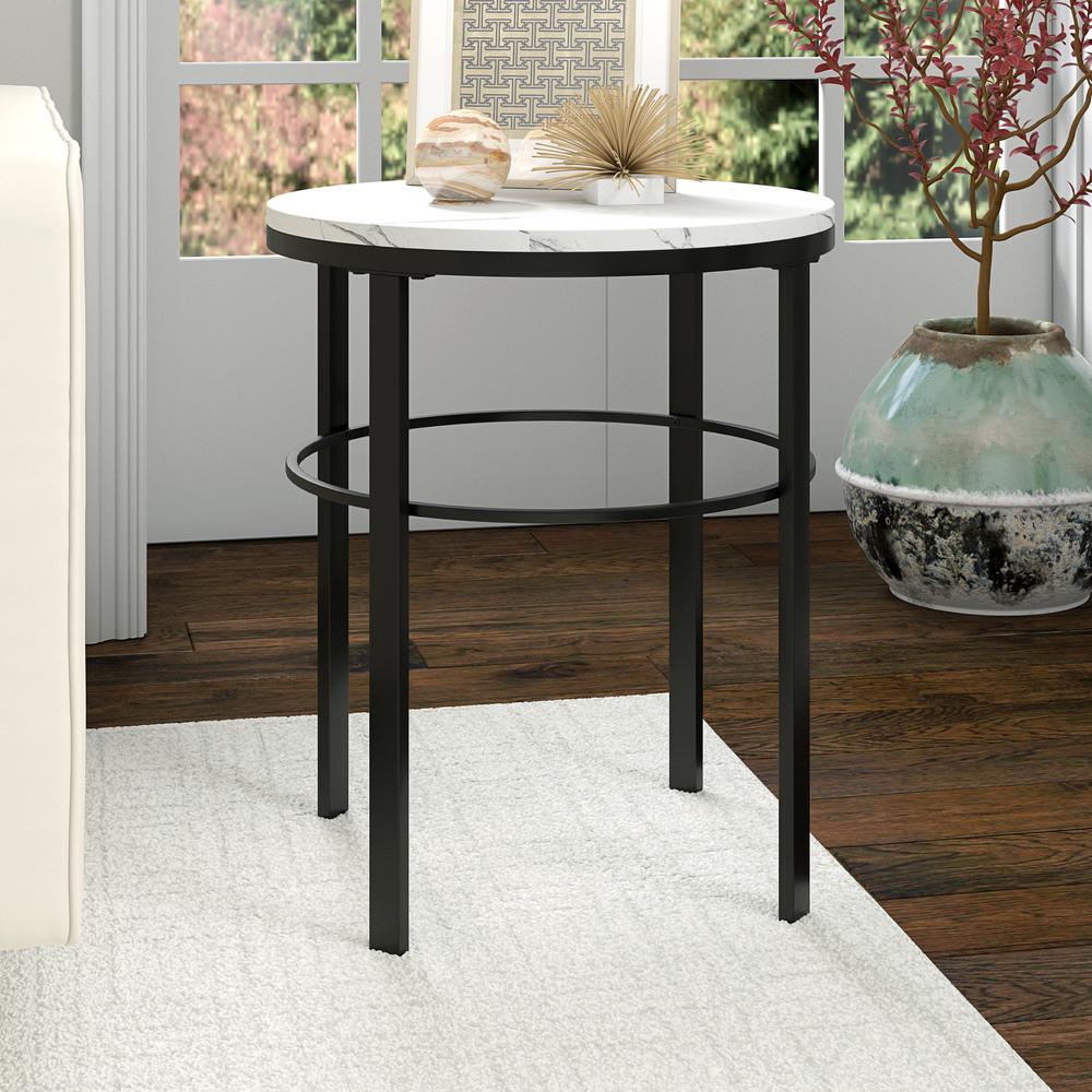 Gaia 20" Wide Round Side Table with Faux Marble Top in Blackened Bronze/Faux Marble. Picture 2