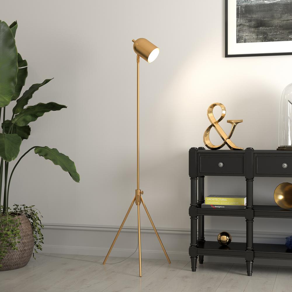 Bruno Tripod Floor Lamp with Metal Shade in Brass/Brass. Picture 4