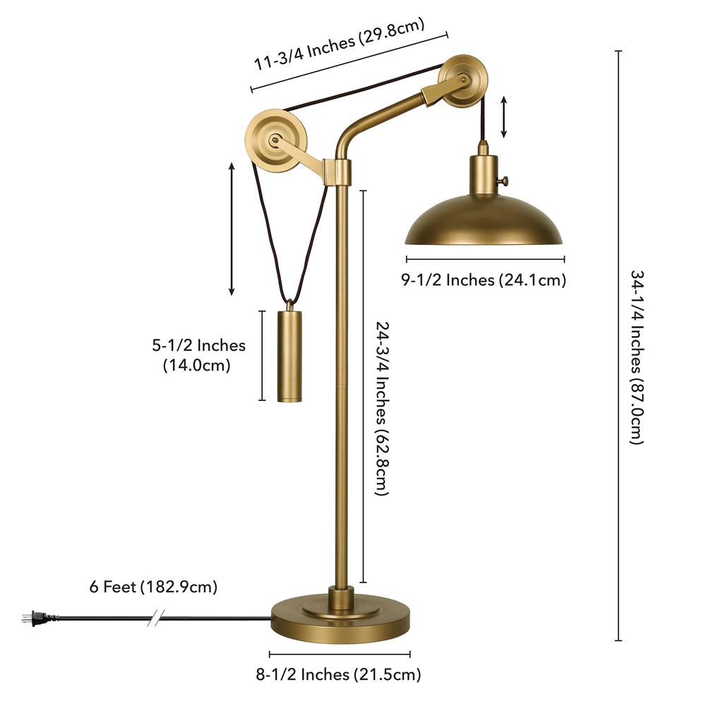 Neo 33.5" Tall Solid Wheel Pulley System Table Lamp with Metal Shade in Brass/Brass. Picture 3