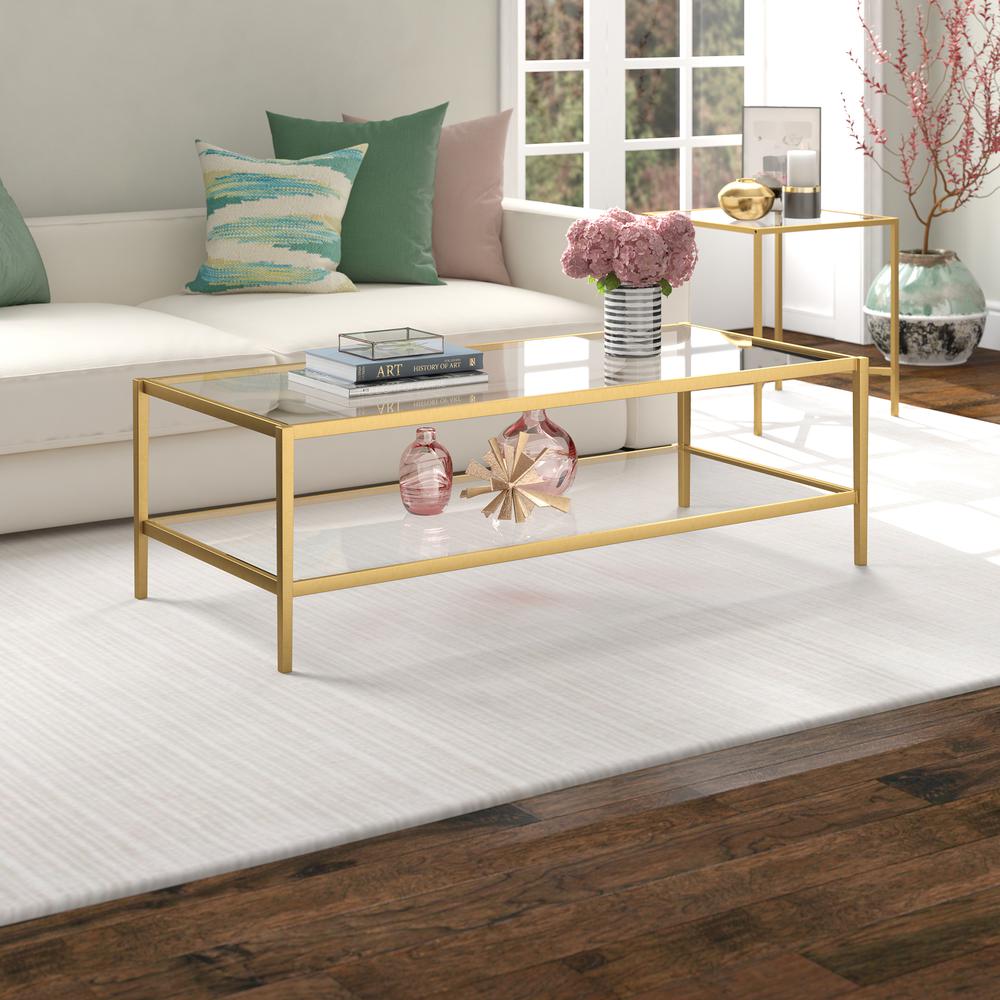 Hera 54'' Wide Rectangular Coffee Table in Antique Brass. Picture 2