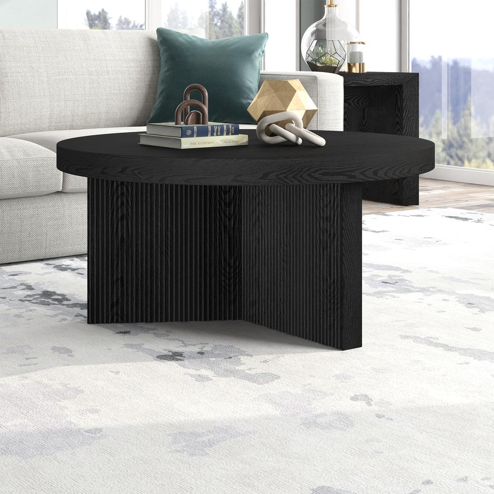 Holm 32" Wide Round Coffee Table in Black Grain. Picture 4