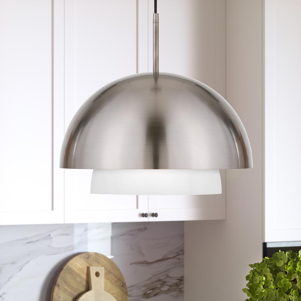 Octavia 15.75" Wide Pendant  with Metal/Glass Shade in Brushed Nickel/Brushed Nickel and White. Picture 2