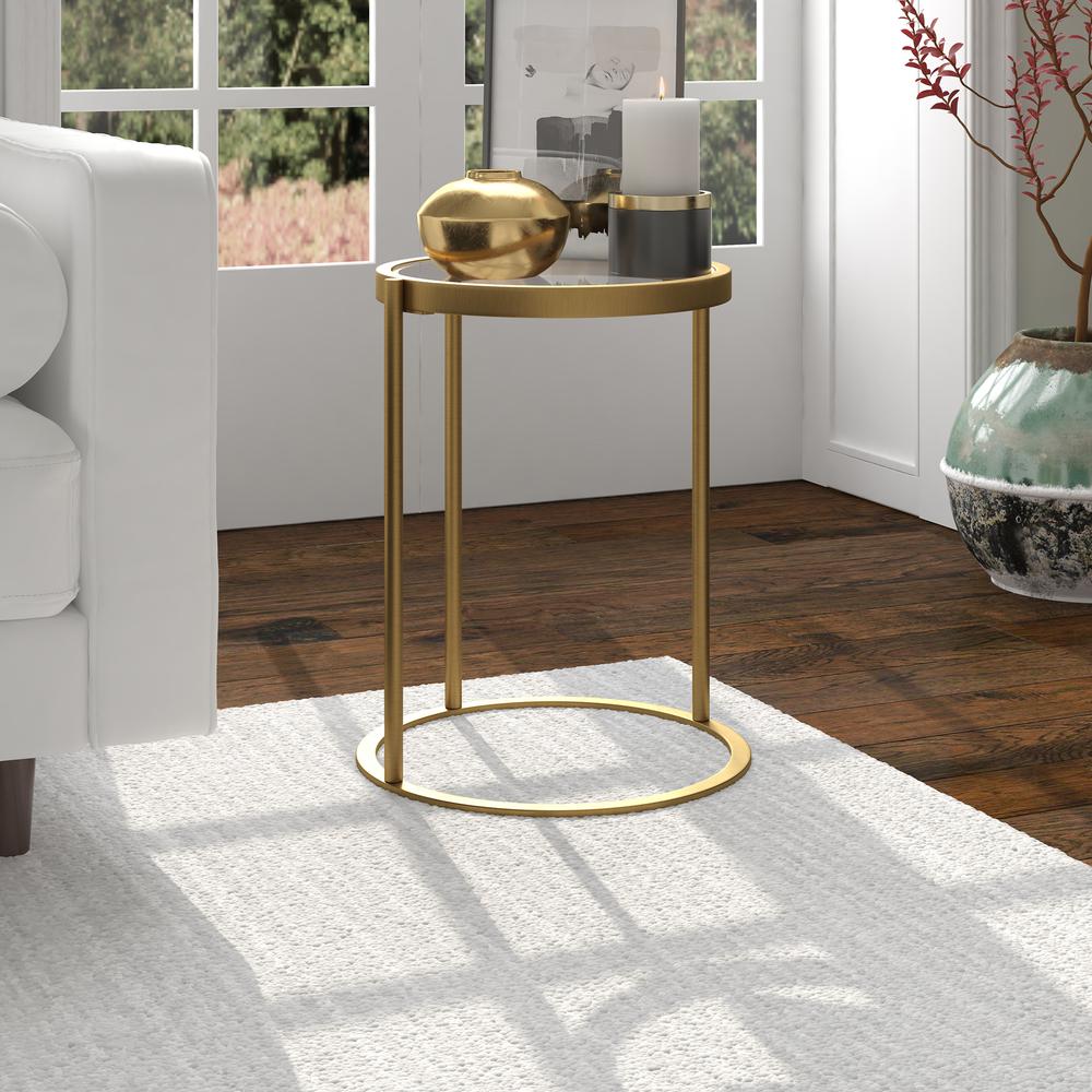 Duxbury 16'' Wide Round Side Table in Brass. Picture 2