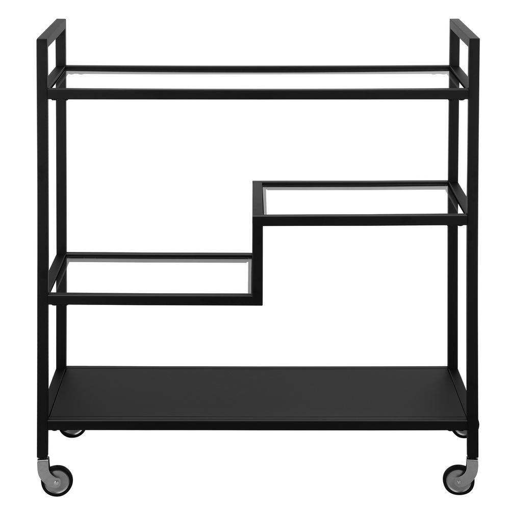 Lovett 33" Wide Rectangular Bar Cart with Glass and Metal Shelves in Blackened Bronze. Picture 3