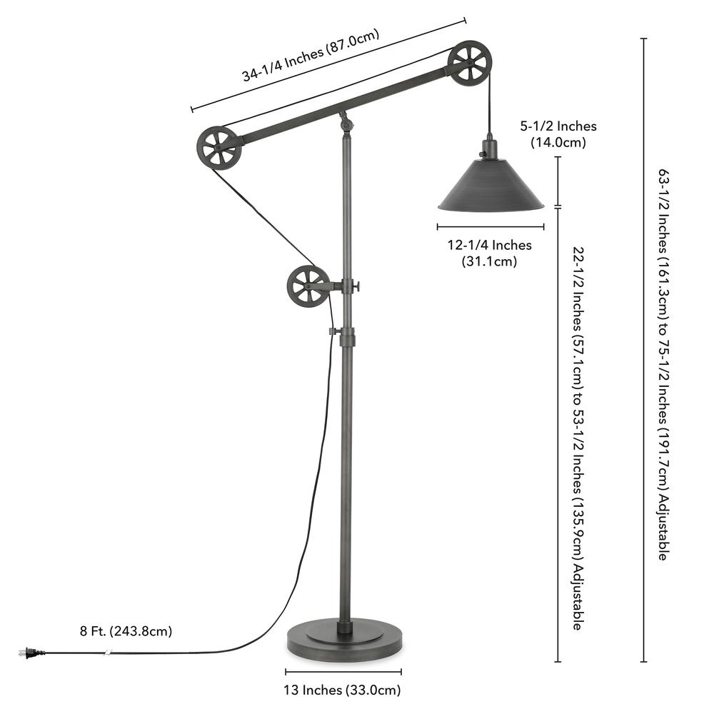 Descartes Pulley System Floor Lamp with Metal Shade in Aged Steel/Aged Steel. Picture 4