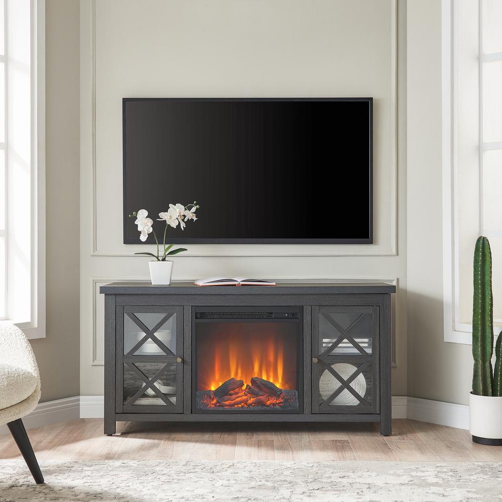 Colton Rectangular TV Stand with Log Fireplace for TV's up to 55" in Charcoal Gray. Picture 4