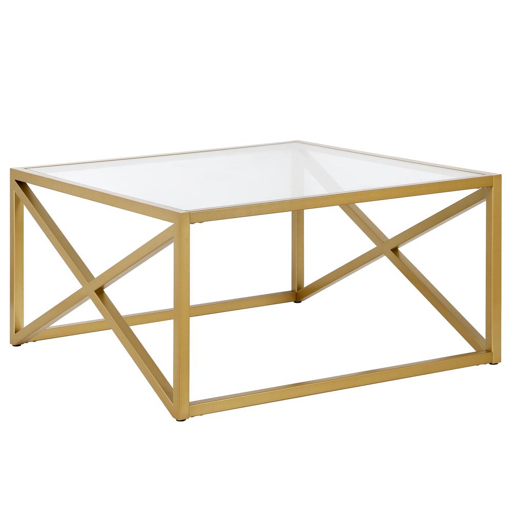 Calix 32'' Wide Square Coffee Table in Brass. Picture 1