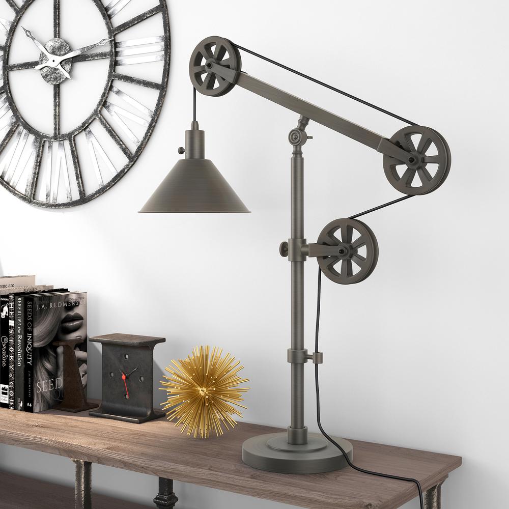Descartes 29" Tall Pulley System Table Lamp with Metal Shade in Aged Steel/Aged Steel. Picture 2