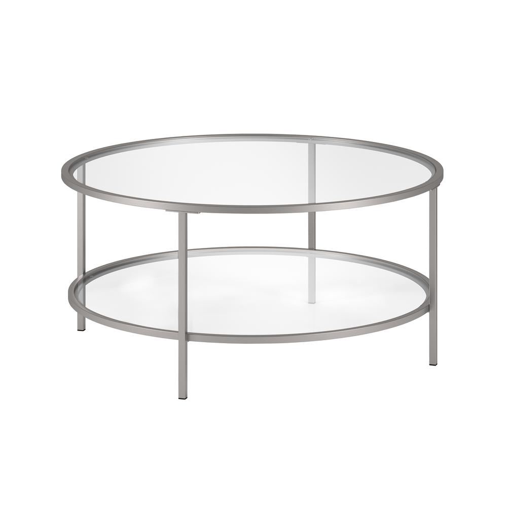 Sivil 36'' Wide Round Coffee Table with Glass Top in Nickel. Picture 3