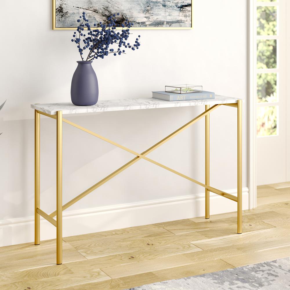Braxton 46'' Wide Rectangular Console Table with Faux Marble Top in Gold. Picture 2