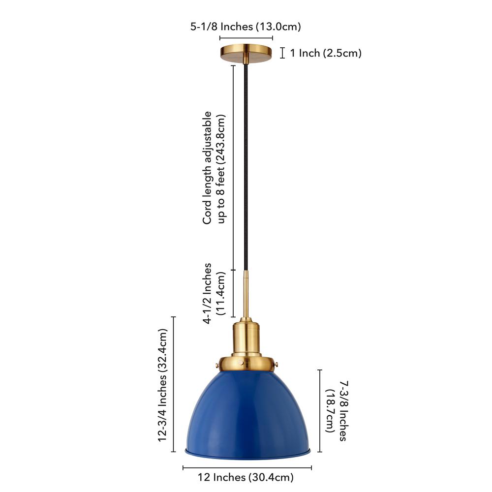 Madison 12" Wide Pendant with Metal Shade in Blue/Brass/Blue. Picture 5