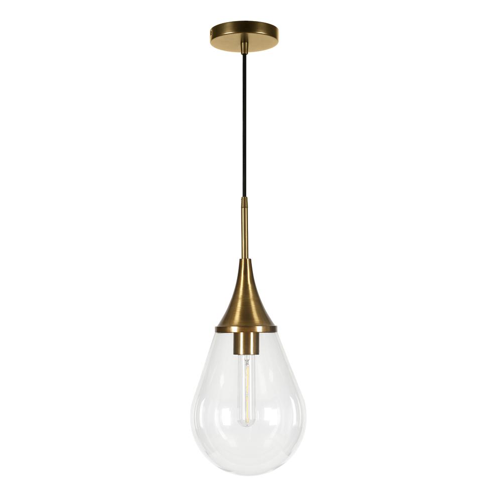 Ambrose 7.63" Wide Pendant with Glass Shade in Brass/Clear. Picture 1