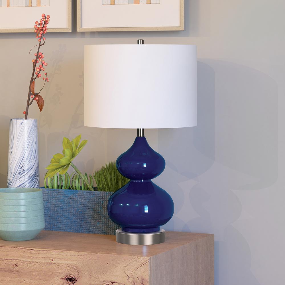 Katrin 23.5" Tall Table Lamp with Fabric Shade in Navy Blue Glass/Satin Nickel/White. Picture 2