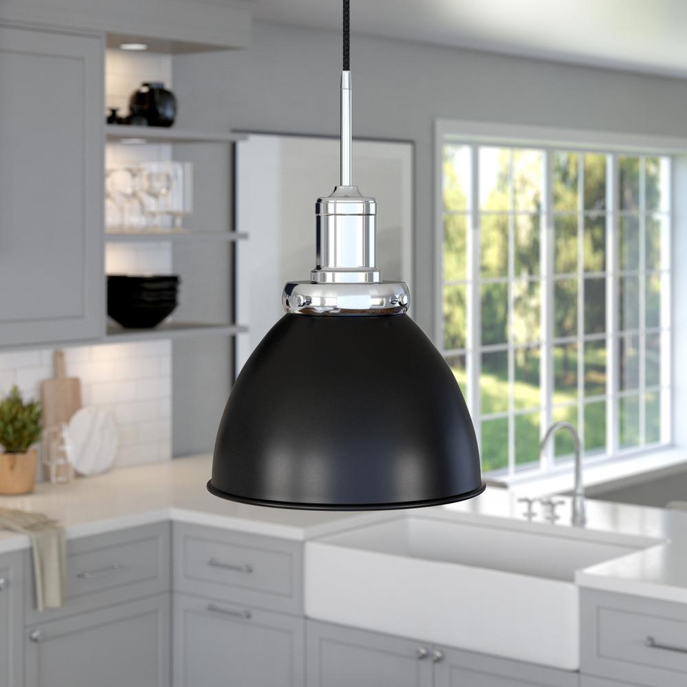 Madison 12" Wide Pendant with Metal Shade in Blackened Bronze/Polished Nickel/Blackened Bronze. Picture 2