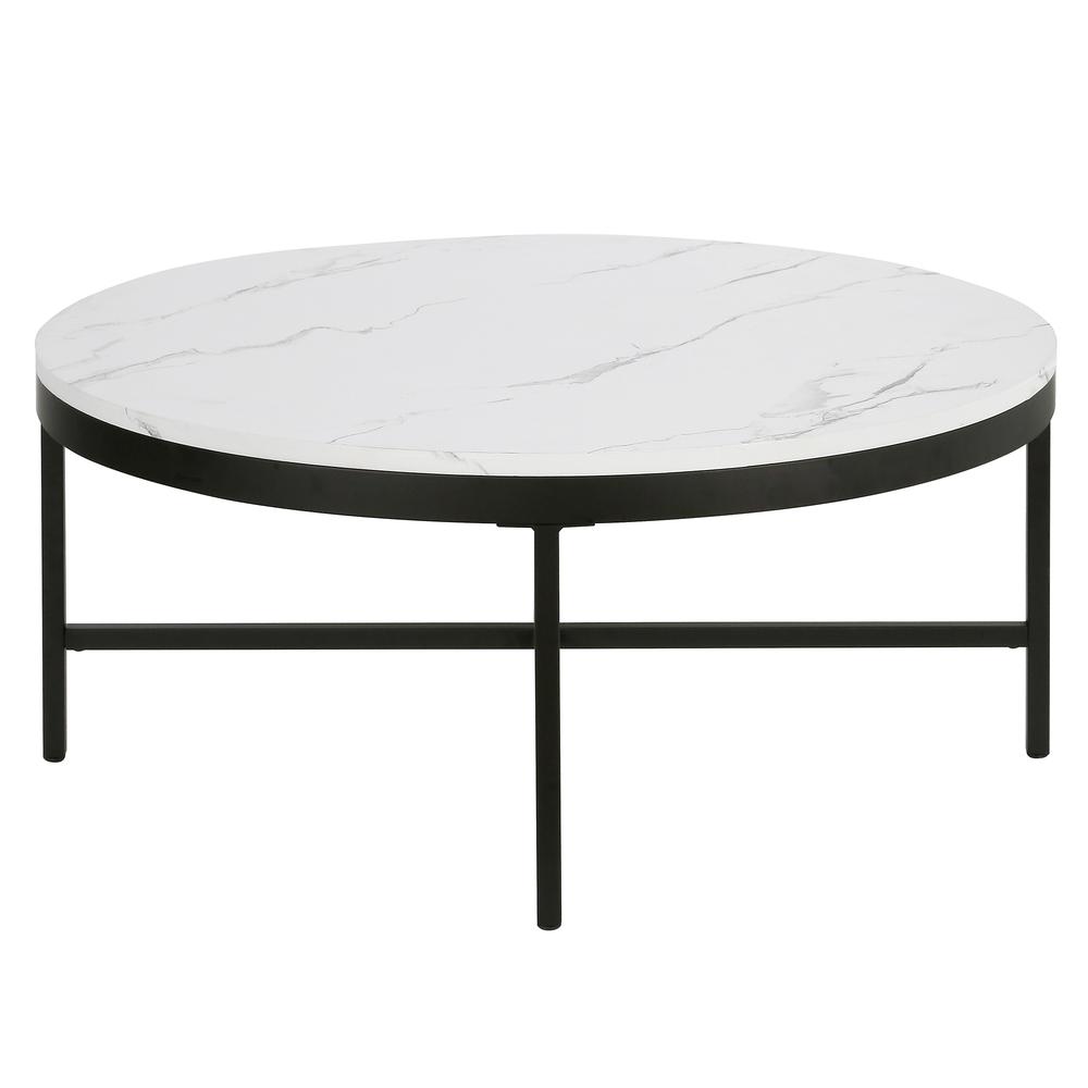 Xivil 36'' Wide Round Coffee Table with Faux Marble Top in Blackened Bronze/Faux Marble. Picture 1