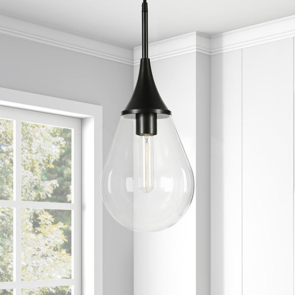 Ambrose 7.63" Wide Pendant with Glass Shade in Blackened Steel/Clear. Picture 2